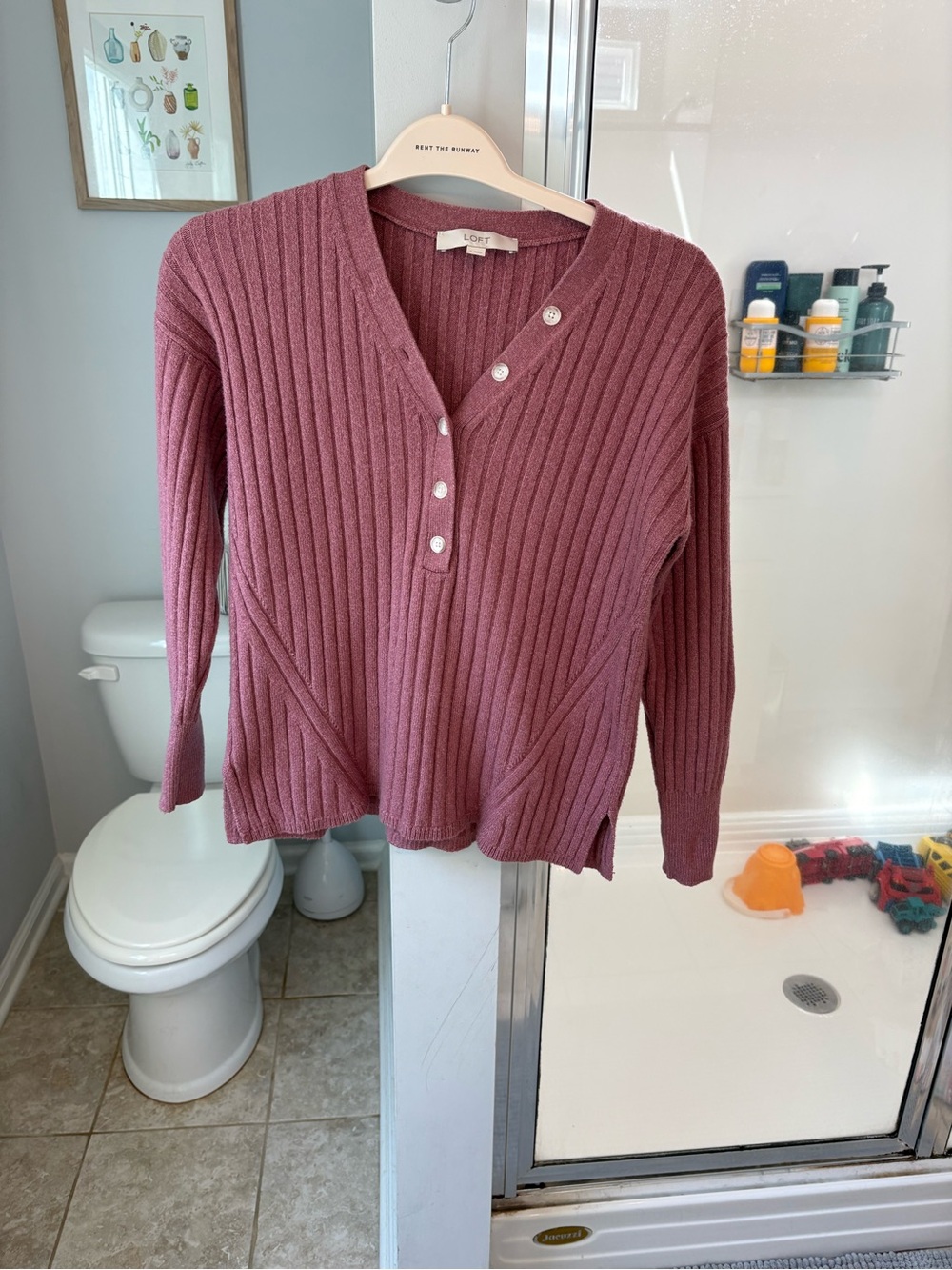 LOFT Women's Small Mauve Ribbed Henley Sweater V Neck Button Pullover
